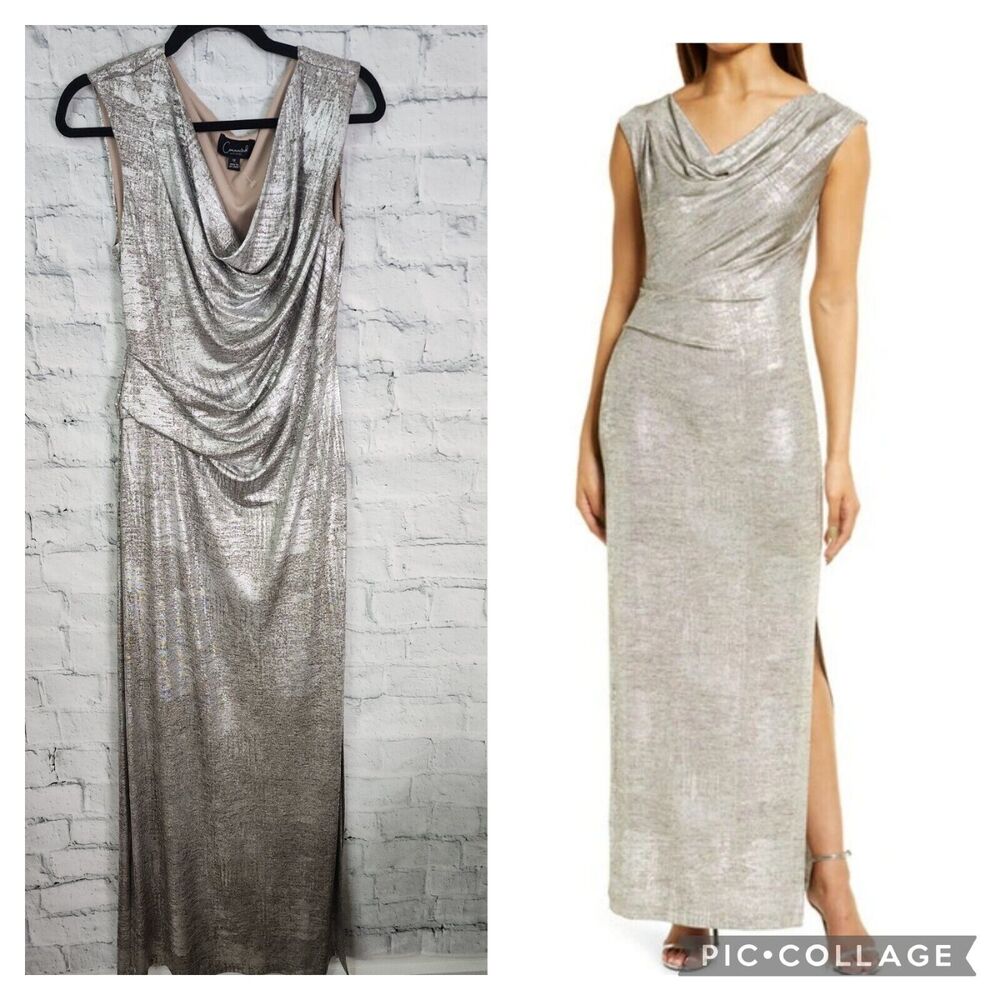 Connected apparel metallic drape neck maxi dress Sz 12 formal gown sleeveless